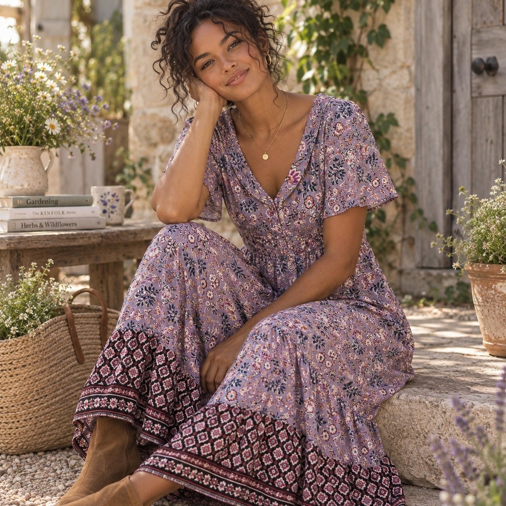 Sky and Sand Purple Floral Rayon Midi Dress Womens Medium Boho Cottage Prarie